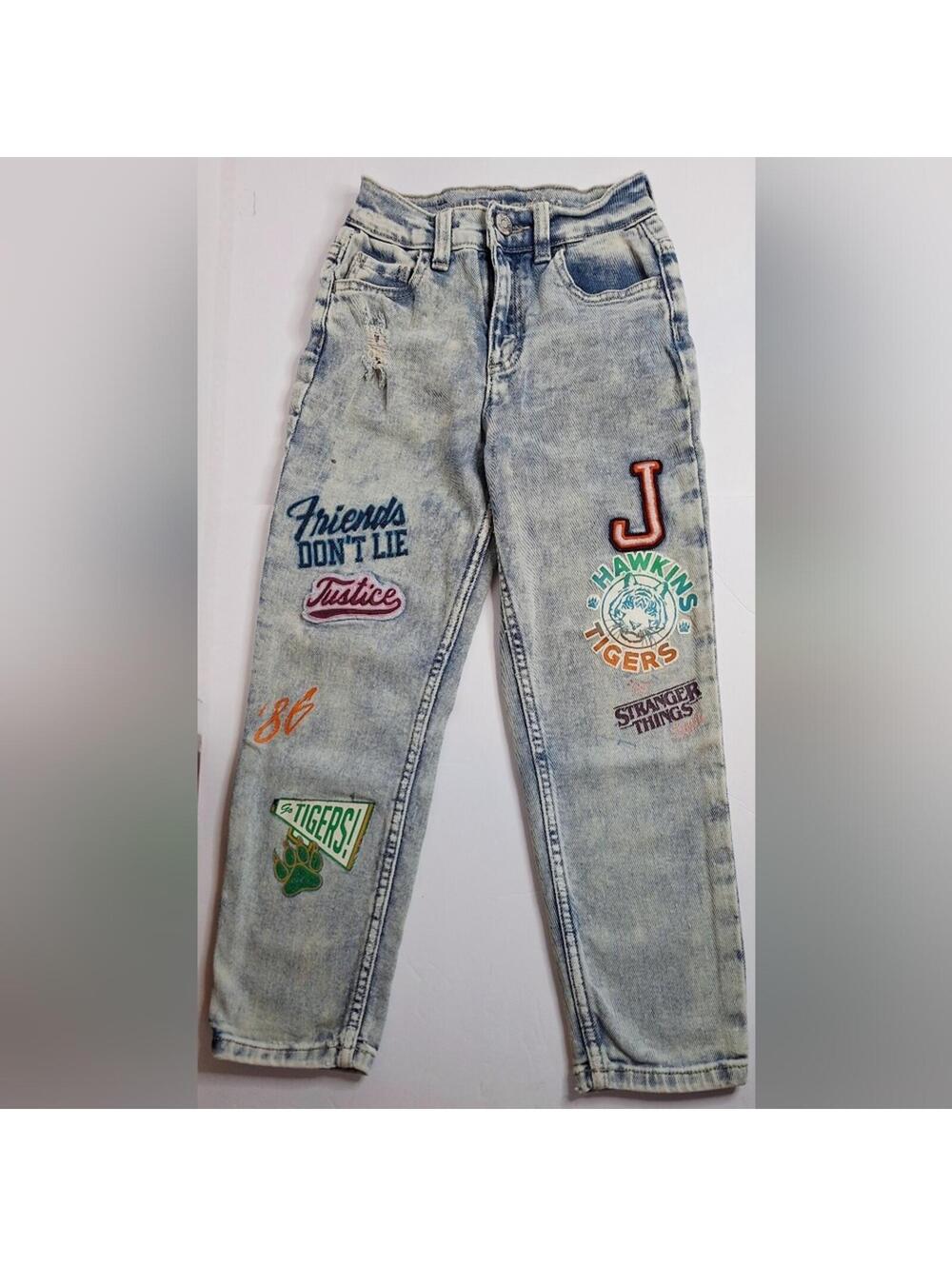 Justice X Stranger Things Denim Mom Jeans Distressed Patched Girls - Size 10